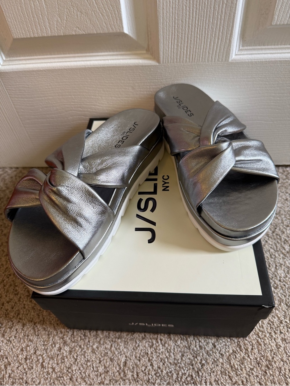 J/SLIDES Metallic Silver Knotted Slide Sandals